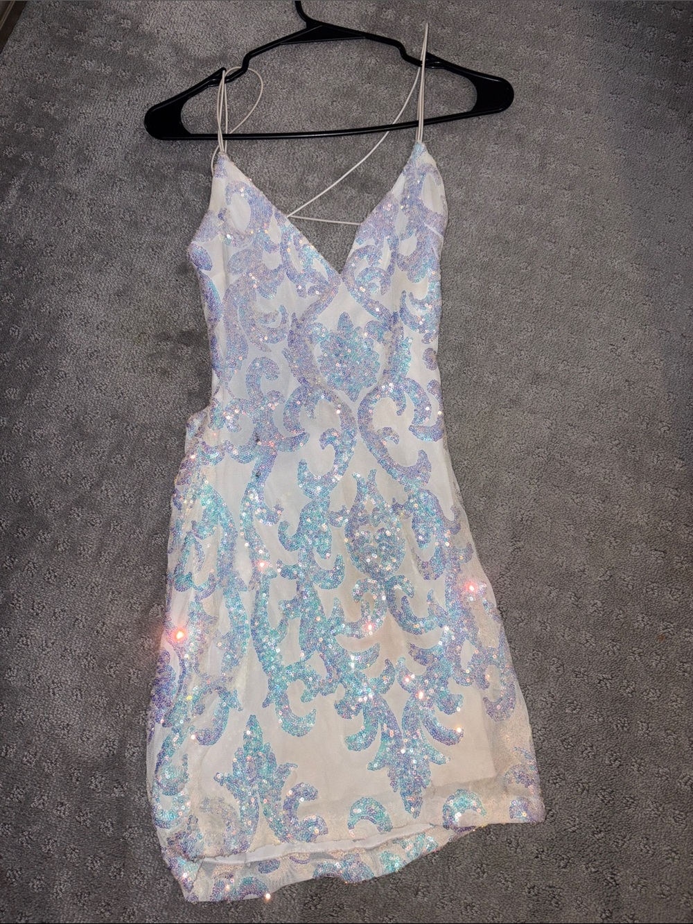 Windsor White Mini Dress with Iridescent Blue Sequin Pattern